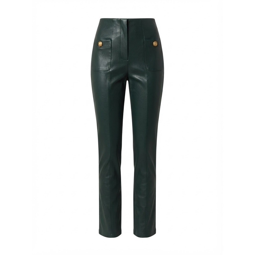 Faux Leather Pants Womens Small Green Gold Button High Waist